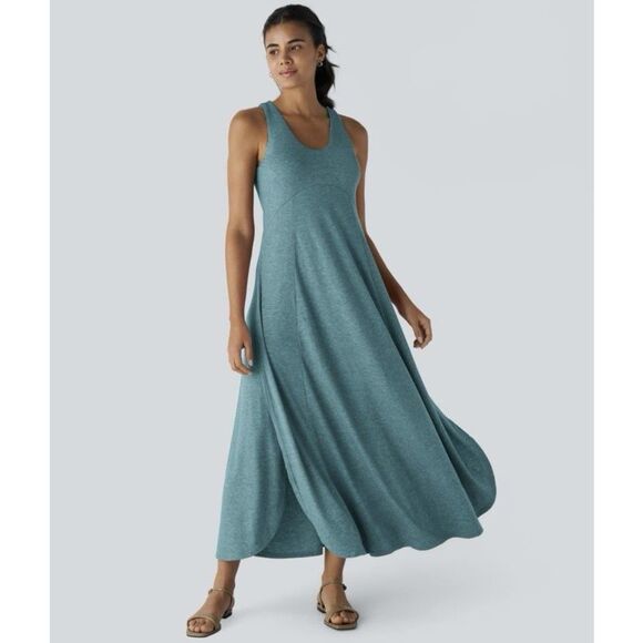 Halara U Neck Dress Sleeveless Stretchy Flowy Maxi Green Athleisure Lagenlook L - Picture 6 of 9